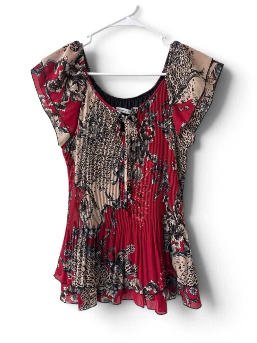 Signature by Larry Levine Pleated Floral Leopard Flutter Sleeve Top M
